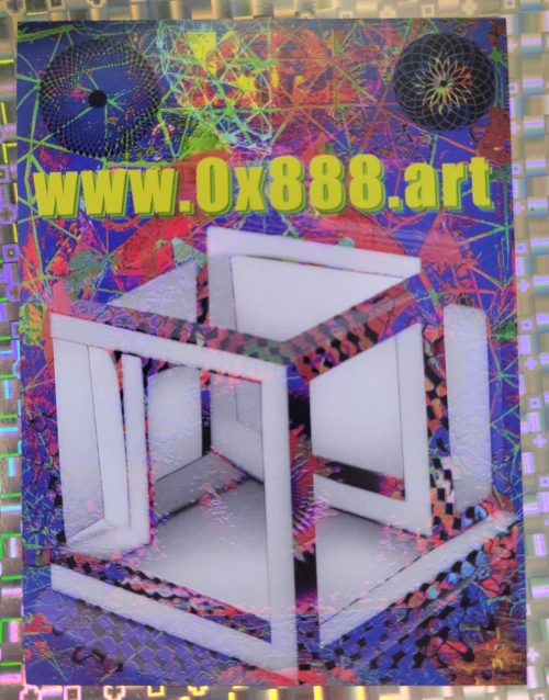 Creative sticker featuring a 3D optical illusion cube with the website www.Ox888.art prominently displayed on a vivid, abstract background.