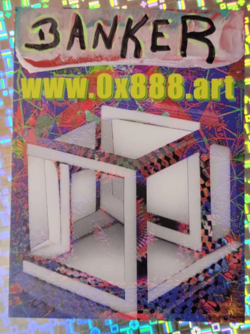 Sticker depicting an optical illusion cube with the hand-painted word 'BANKER' at the top and the website address www.Ox888.art at the bottom, set against a colorful abstract background.