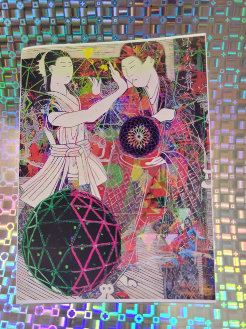 Vibrant sticker merging traditional Japanese art with psychedelic digital patterns, including geometric spheres