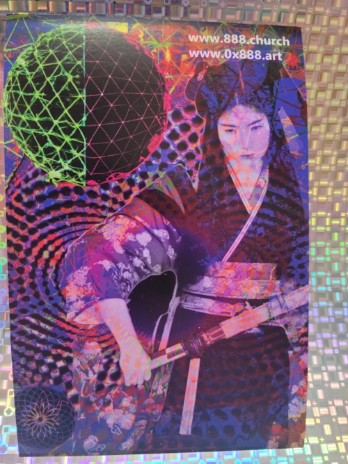 0x888 Digital art sticker combining traditional Japanese culture and modern design elements with promotional web links for 888 church and 0x888 art